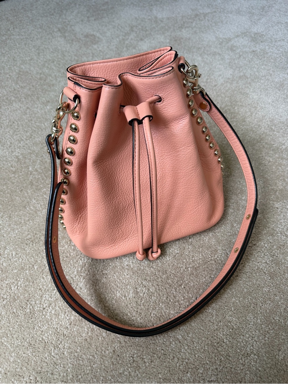 Rebecca Minkoff Peach Studded Leather Crossbody Bucket Bag